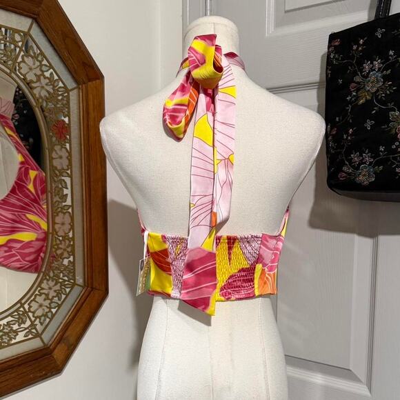 NWT Sigrid Olsen Pink & Yellow Satin Sleeveless Tie Back Cropped Halter Top S - Picture 4 of 7